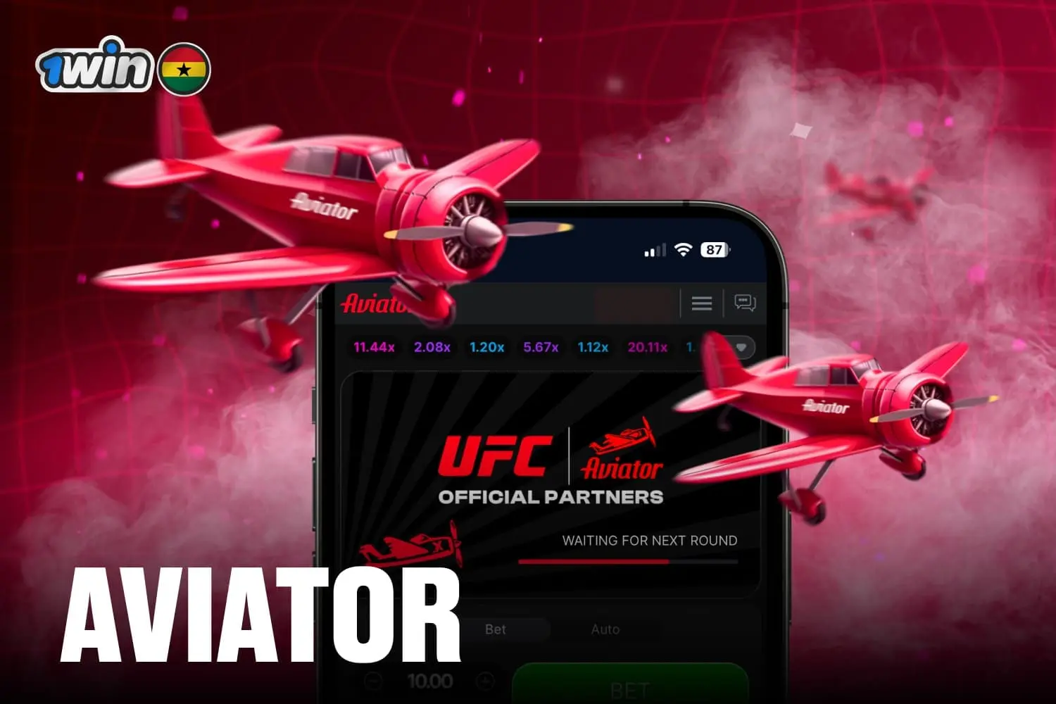 A screenshot of the 1win Aviator crash game, showing the pink airplane and the increasing bet multiplier.